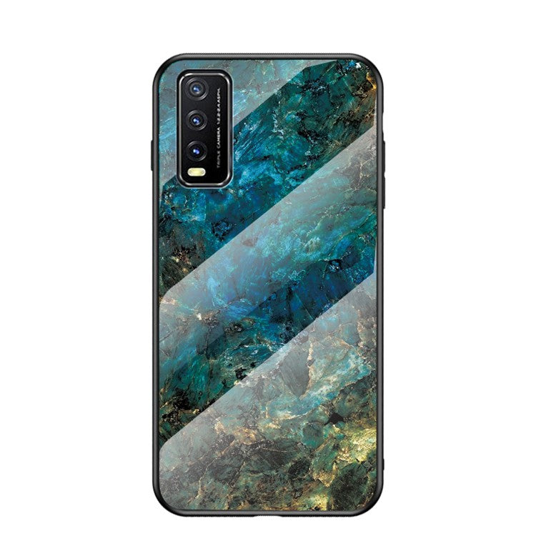 Marbling Pattern Tempered Glass + PC + TPU Edge Cell Phone Hybrid Cover for vivo Y20 - Emerald Marble