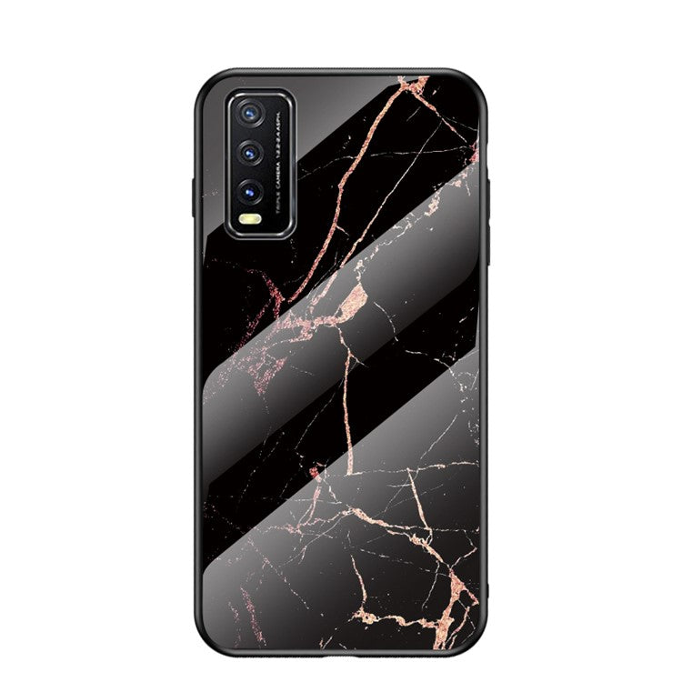 Marbling Pattern Tempered Glass + PC + TPU Edge Cell Phone Hybrid Cover for vivo Y20 - Gold Black Marble