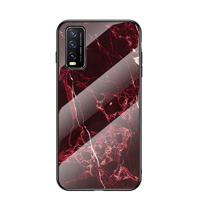 Marbling Pattern Tempered Glass + PC + TPU Edge Cell Phone Hybrid Cover for vivo Y20 - Blood Red Marble