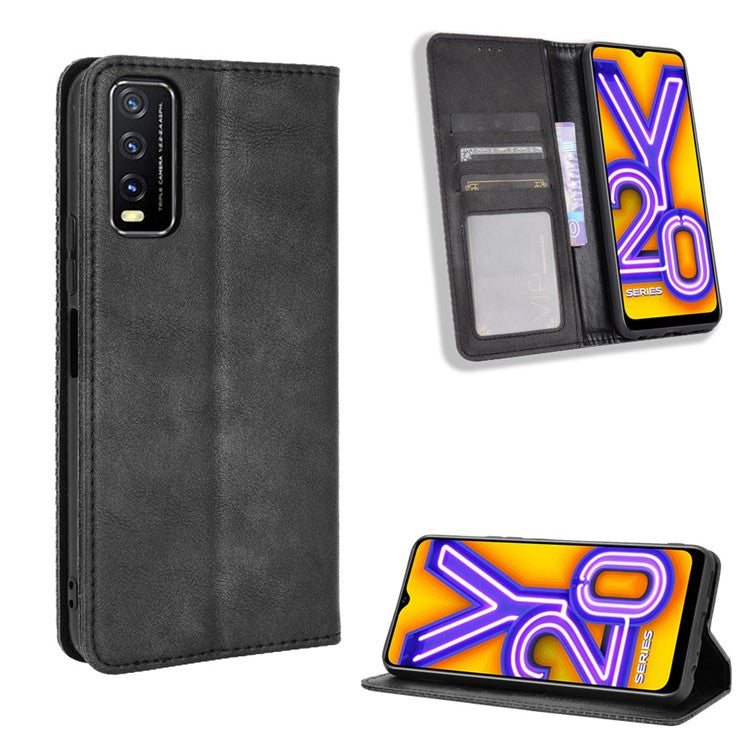 Retro Style PU Leather Stand Wallet Phone Casing for vivo Y20/Y20i - Black