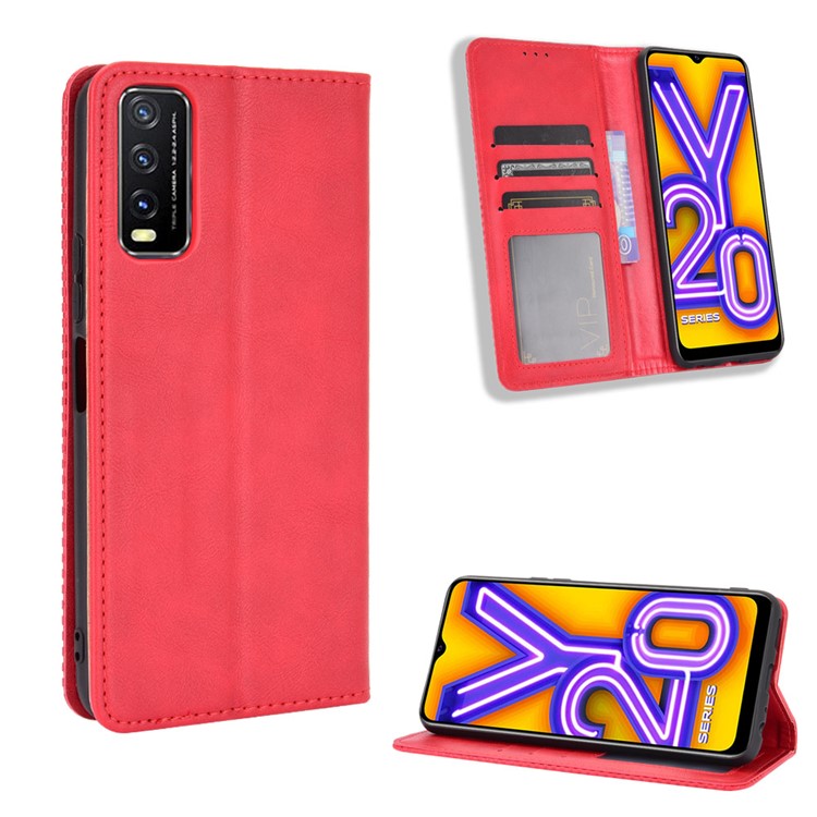 Retro Style PU Leather Stand Wallet Phone Casing for vivo Y20/Y20i - Red