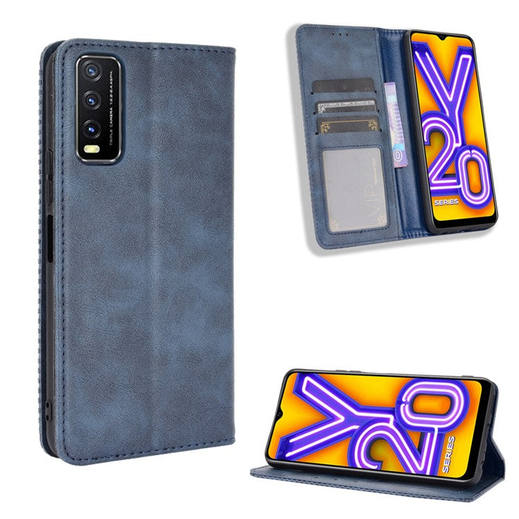 Retro Style PU Leather Stand Wallet Phone Casing for vivo Y20/Y20i - Blue