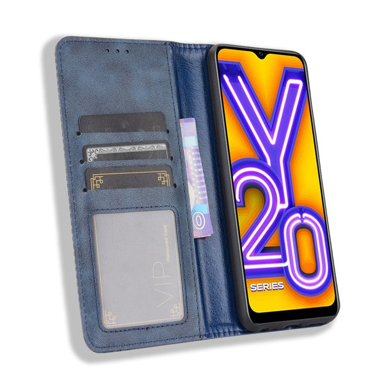 Retro Style PU Leather Stand Wallet Phone Casing for vivo Y20/Y20i - Blue