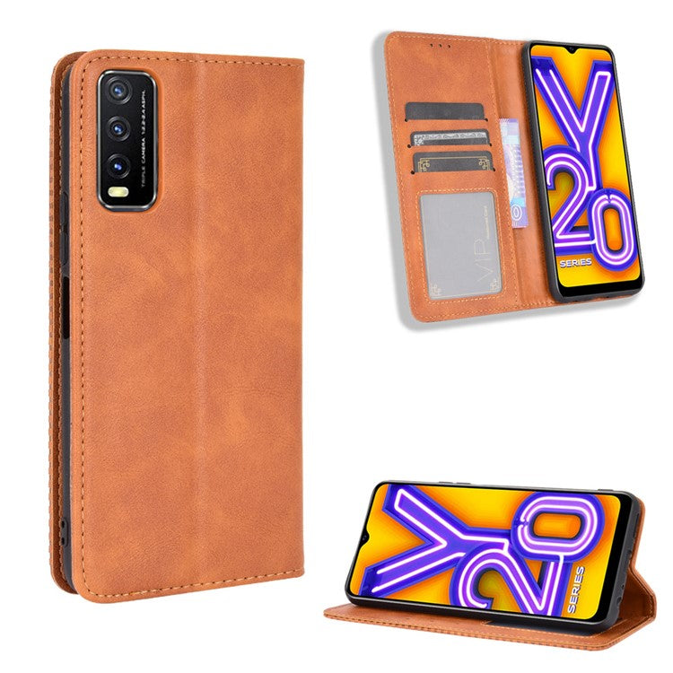 Retro Style PU Leather Stand Wallet Phone Casing for vivo Y20/Y20i - Brown