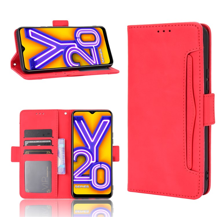 Leather Wallet Phone Cover Shell with Multiple Card-Carrying Slots for Vivo Y20 2020/Y20i - Red