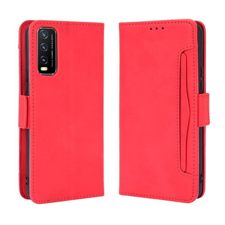 Leather Wallet Phone Cover Shell with Multiple Card-Carrying Slots for Vivo Y20 2020/Y20i - Red