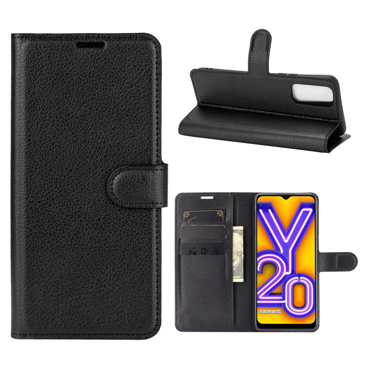 Litchi Skin Wallet Leather Cell Phone Case for vivo Y20s/ Y11s/ Y30 (China)/ Y20/ Y20i/ iQOO U1x - Black