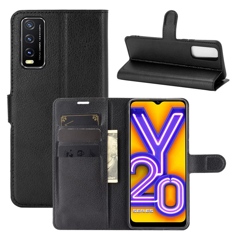 Litchi Skin Wallet Leather Cell Phone Case for vivo Y20s/ Y11s/ Y30 (China)/ Y20/ Y20i/ iQOO U1x - Black