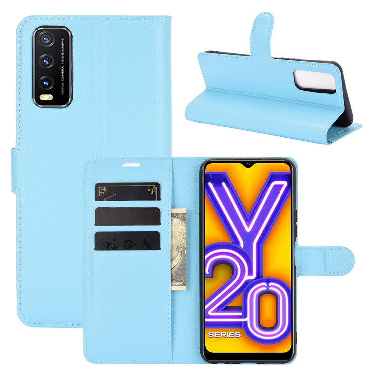 Litchi Skin Wallet Leather Cell Phone Case for vivo Y20s/ Y11s/ Y30 (China)/ Y20/ Y20i/ iQOO U1x - Blue