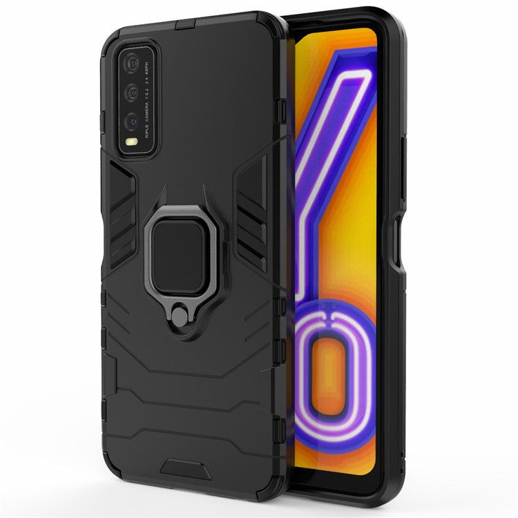 Ring-Shape Kickstand PC + TPU Phone Case for Vivo Y20 - Black