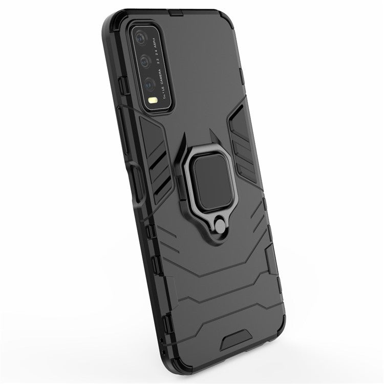 Ring-Shape Kickstand PC + TPU Phone Case for Vivo Y20 - Black