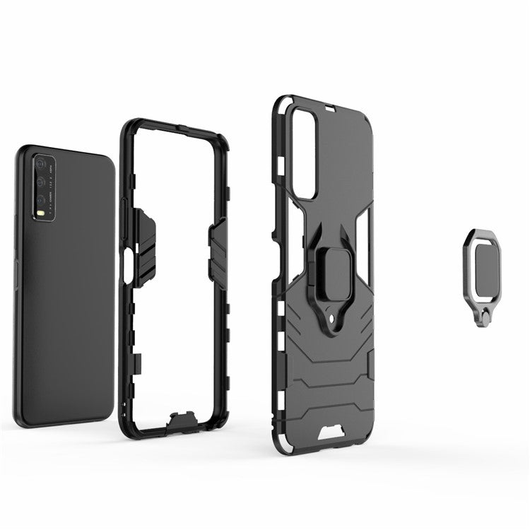 Ring-Shape Kickstand PC + TPU Phone Case for Vivo Y20 - Black