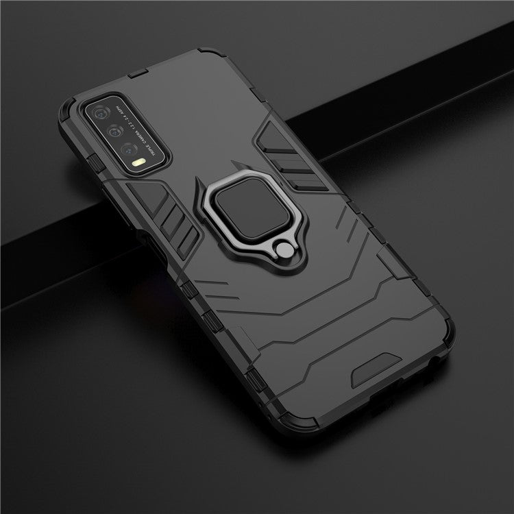 Ring-Shape Kickstand PC + TPU Phone Case for Vivo Y20 - Black