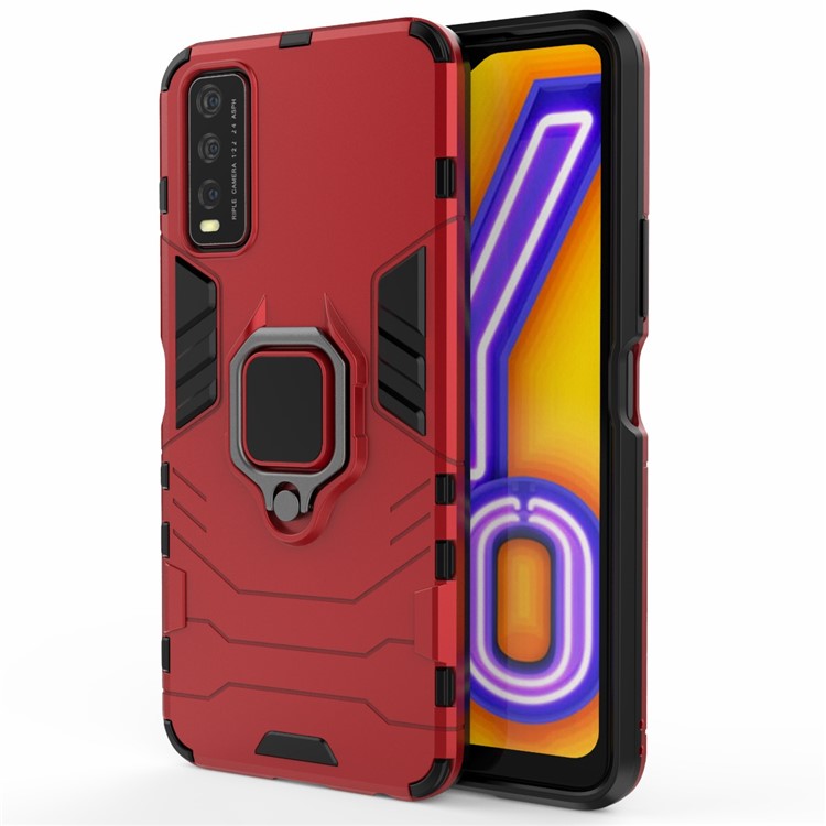 Ring-Shape Kickstand PC + TPU Phone Case for Vivo Y20 - Red