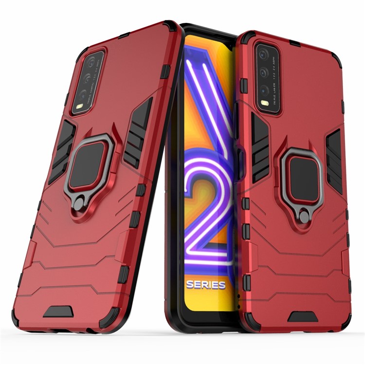 Ring-Shape Kickstand PC + TPU Phone Case for Vivo Y20 - Red