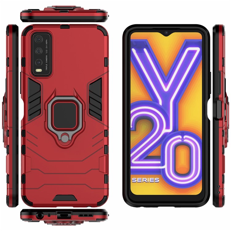 Ring-Shape Kickstand PC + TPU Phone Case for Vivo Y20 - Red