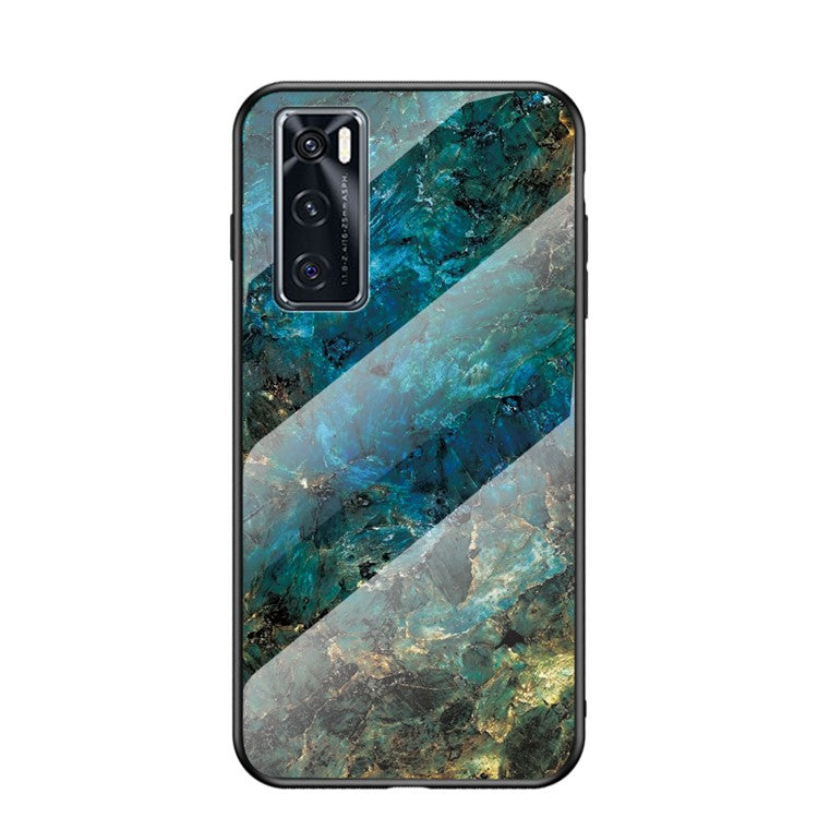 Marble Pattern TPU + PC + Tempered Glass Cell Phone Hybrid Cover for Vivo V20 SE - Emerald Marble