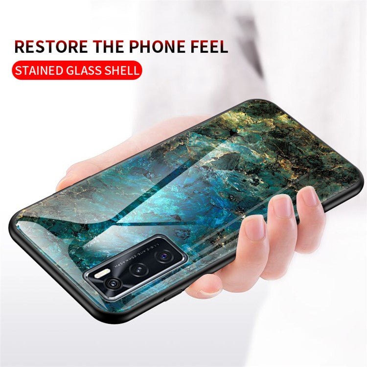 Marble Pattern TPU + PC + Tempered Glass Cell Phone Hybrid Cover for Vivo V20 SE - Emerald Marble