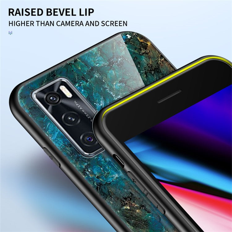 Marble Pattern TPU + PC + Tempered Glass Cell Phone Hybrid Cover for Vivo V20 SE - Emerald Marble