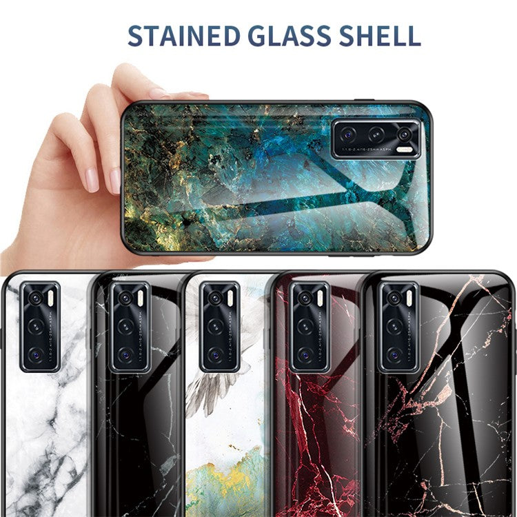 Marble Pattern TPU + PC + Tempered Glass Cell Phone Hybrid Cover for Vivo V20 SE - Emerald Marble