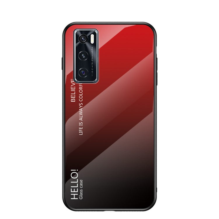 Tempered Glass Cell Phone Case with Gradient Pattern Painting for Vivo V20 SE - Red/Black