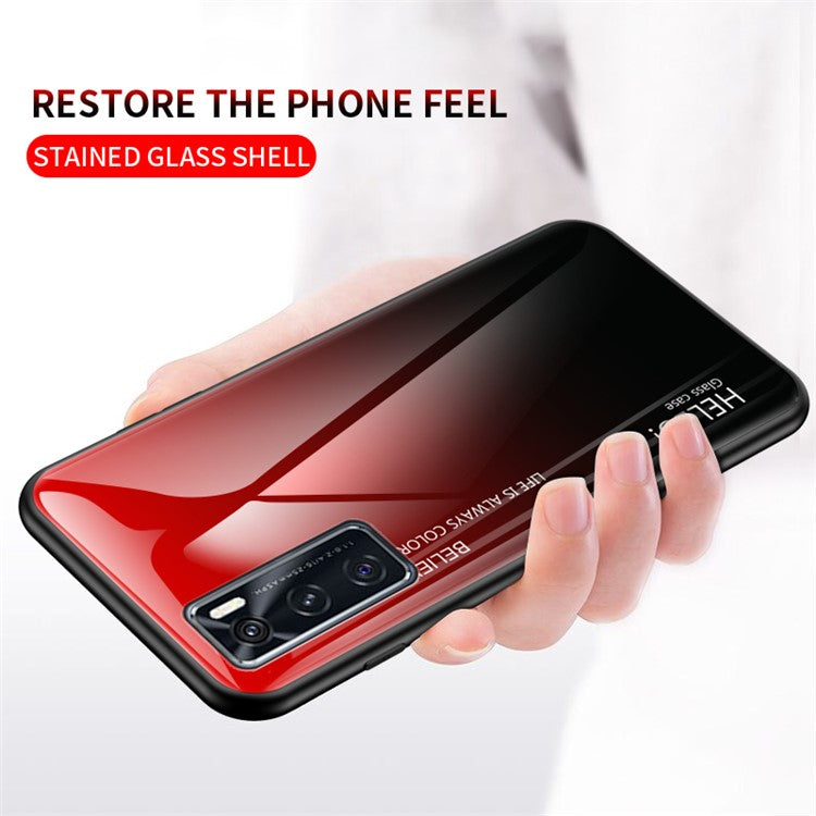 Tempered Glass Cell Phone Case with Gradient Pattern Painting for Vivo V20 SE - Red/Black