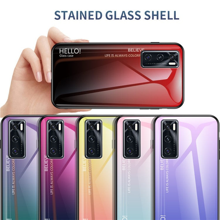 Tempered Glass Cell Phone Case with Gradient Pattern Painting for Vivo V20 SE - Red/Black