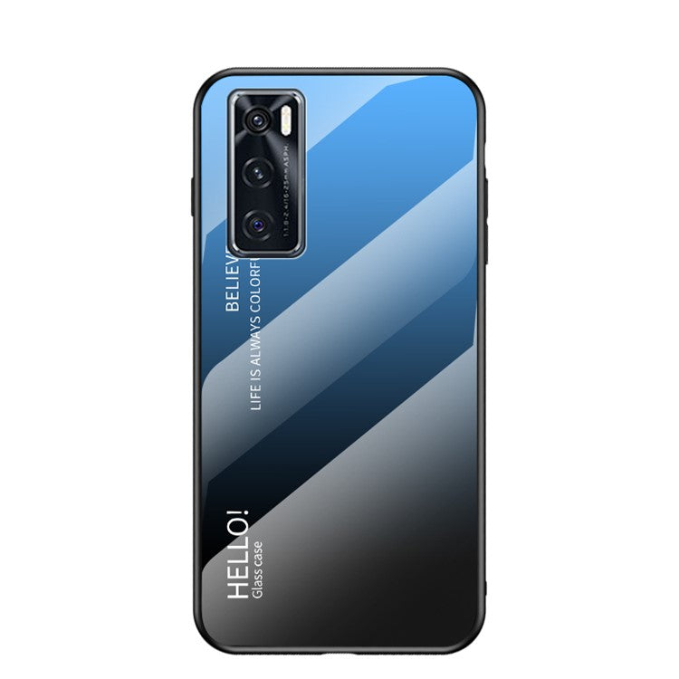 Tempered Glass Cell Phone Case with Gradient Pattern Painting for Vivo V20 SE - Blue/Black