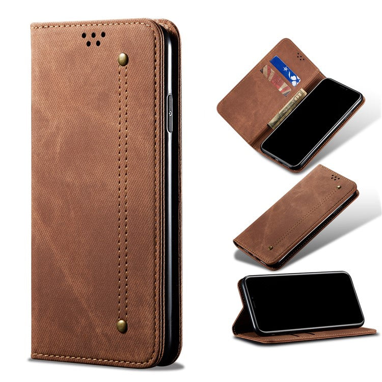 Leisure Style Jeans Cloth Texture Wallet Cell Phone Stand Leather Case for Vivo Y70 2020 - Brown