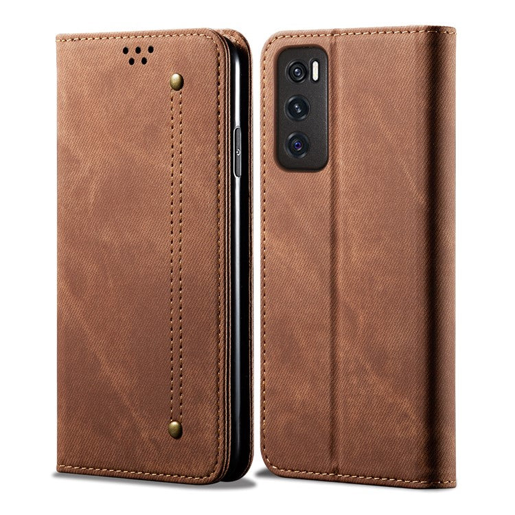 Leisure Style Jeans Cloth Texture Wallet Cell Phone Stand Leather Case for Vivo Y70 2020 - Brown