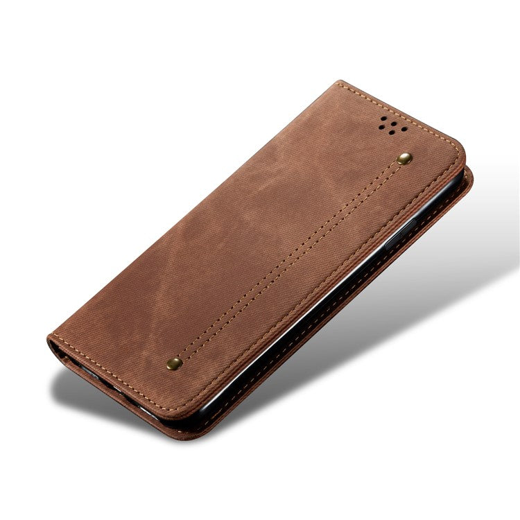 Leisure Style Jeans Cloth Texture Wallet Cell Phone Stand Leather Case for Vivo Y70 2020 - Brown