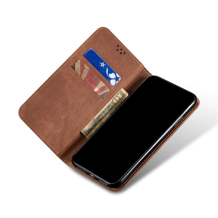 Leisure Style Jeans Cloth Texture Wallet Cell Phone Stand Leather Case for Vivo Y70 2020 - Brown