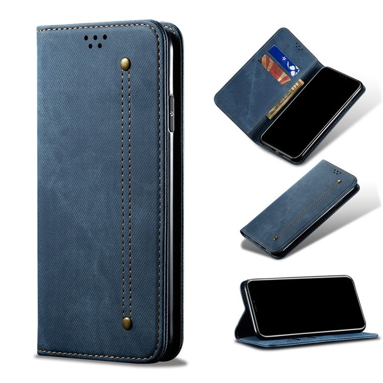 Leisure Style Jeans Cloth Texture Wallet Cell Phone Stand Leather Case for Vivo Y70 2020 - Blue