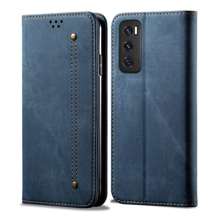 Leisure Style Jeans Cloth Texture Wallet Cell Phone Stand Leather Case for Vivo Y70 2020 - Blue