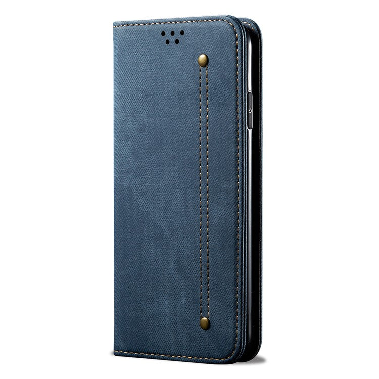 Leisure Style Jeans Cloth Texture Wallet Cell Phone Stand Leather Case for Vivo Y70 2020 - Blue