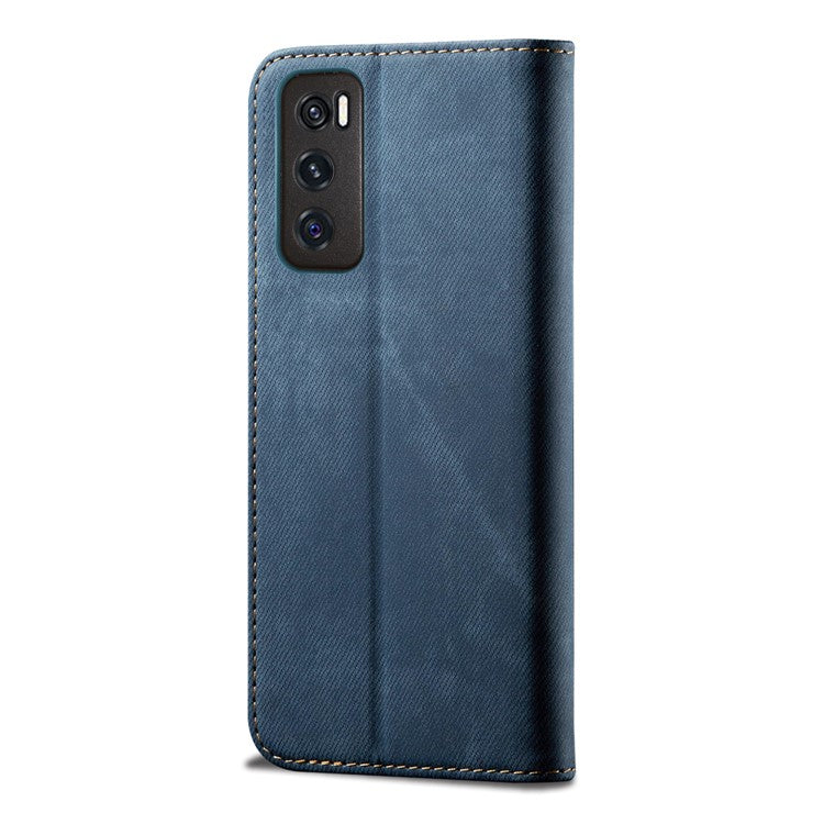 Leisure Style Jeans Cloth Texture Wallet Cell Phone Stand Leather Case for Vivo Y70 2020 - Blue