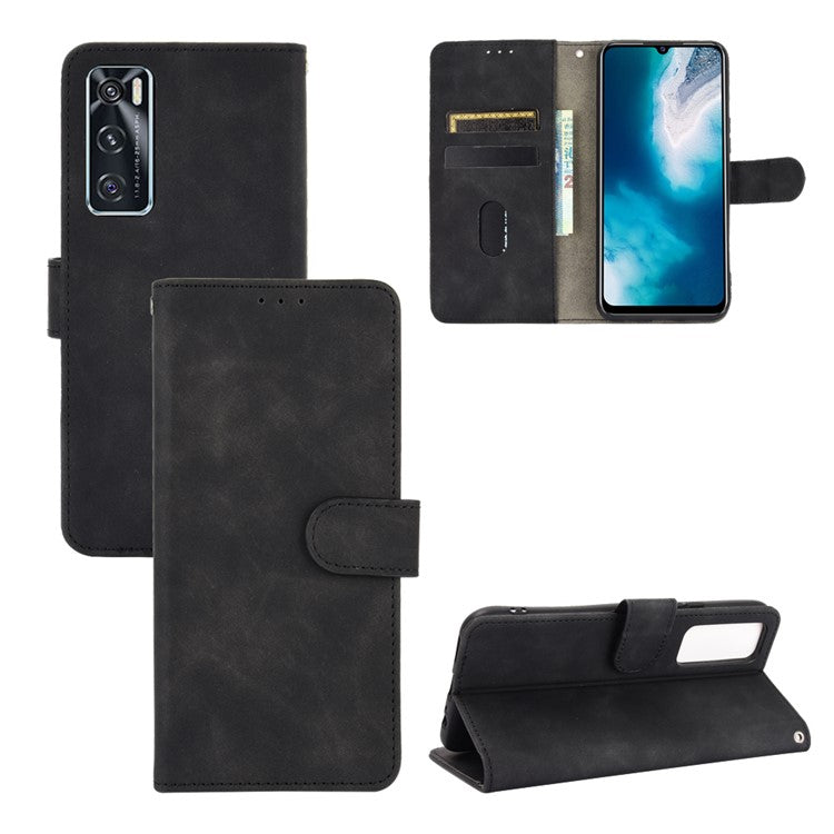 Skin-Feeling PU Leather Flip Phone Wallet Case with Wrist Strap for Vivo V20 SE/Y70 2020 - Black