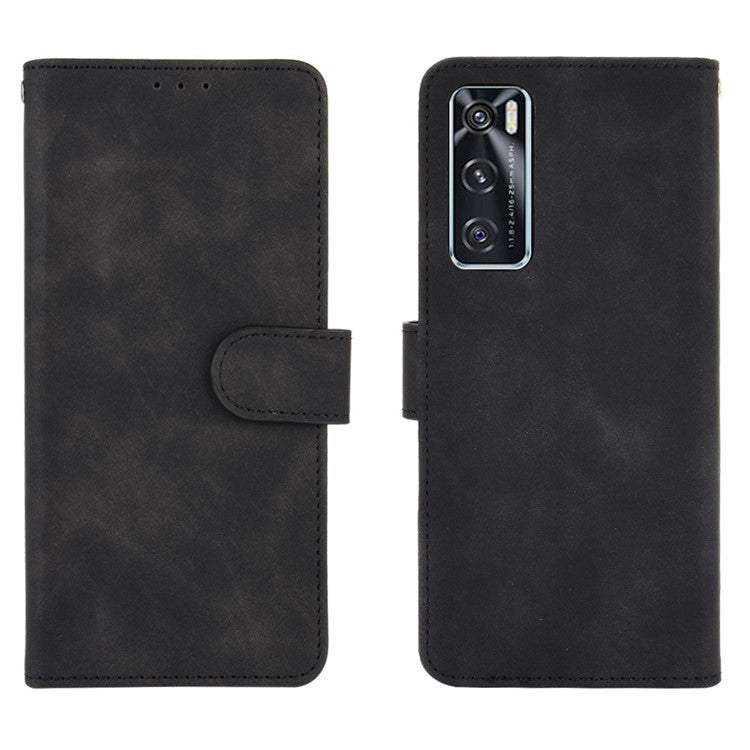 Skin-Feeling PU Leather Flip Phone Wallet Case with Wrist Strap for Vivo V20 SE/Y70 2020 - Black