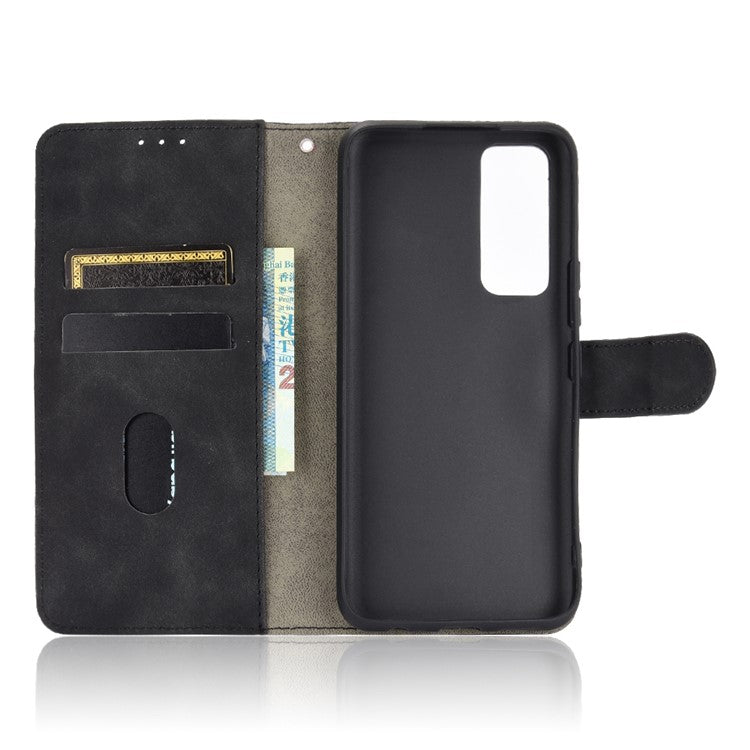 Skin-Feeling PU Leather Flip Phone Wallet Case with Wrist Strap for Vivo V20 SE/Y70 2020 - Black