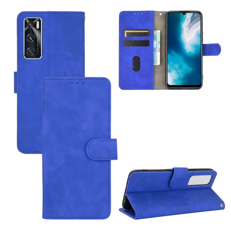 Skin-Feeling PU Leather Flip Phone Wallet Case with Wrist Strap for Vivo V20 SE/Y70 2020 - Blue