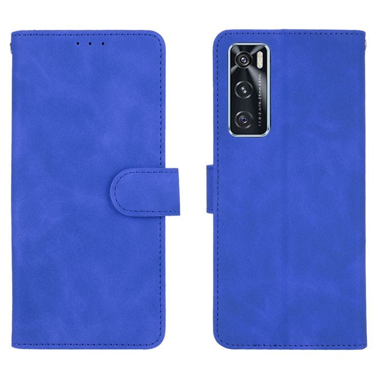 Skin-Feeling PU Leather Flip Phone Wallet Case with Wrist Strap for Vivo V20 SE/Y70 2020 - Blue