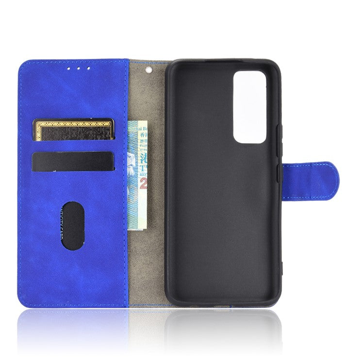 Skin-Feeling PU Leather Flip Phone Wallet Case with Wrist Strap for Vivo V20 SE/Y70 2020 - Blue