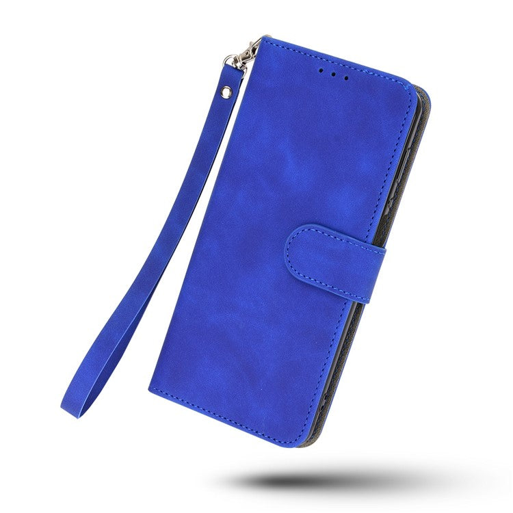 Skin-Feeling PU Leather Flip Phone Wallet Case with Wrist Strap for Vivo V20 SE/Y70 2020 - Blue