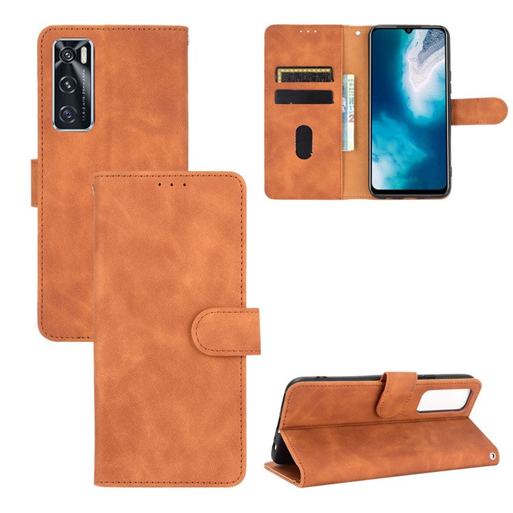 Skin-Feeling PU Leather Flip Phone Wallet Case with Wrist Strap for Vivo V20 SE/Y70 2020 - Brown