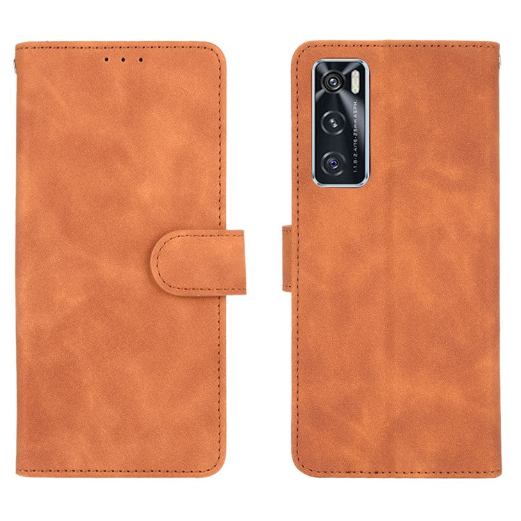 Skin-Feeling PU Leather Flip Phone Wallet Case with Wrist Strap for Vivo V20 SE/Y70 2020 - Brown