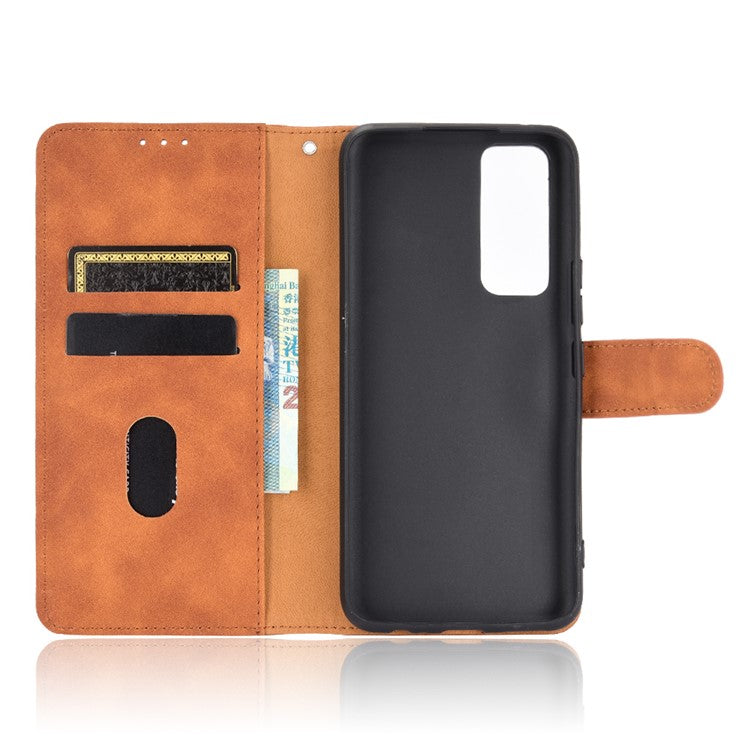 Skin-Feeling PU Leather Flip Phone Wallet Case with Wrist Strap for Vivo V20 SE/Y70 2020 - Brown