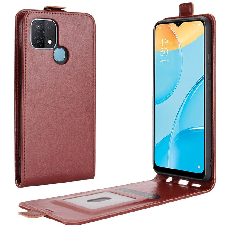 Vertical Flip Crazy Horse Texture Leather Case with Card Holder for OPPO A15 - Brown