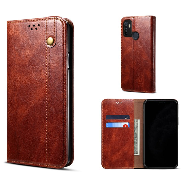 Waxy Crazy Horse Texture Leisure Style TPU + PU Leather Case Cover for Oppo A53(2020) - Brown