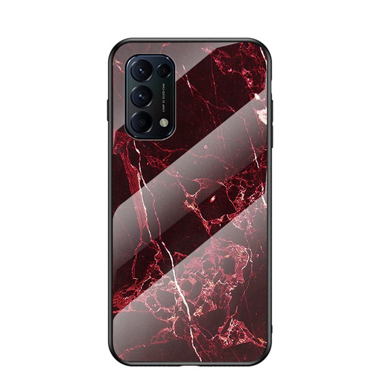 Tempered Glass Back Panel + TPU Frame Cell Phone Cover Case with Marbling Pattern for Oppo Reno5 5G - Blood Red Marble