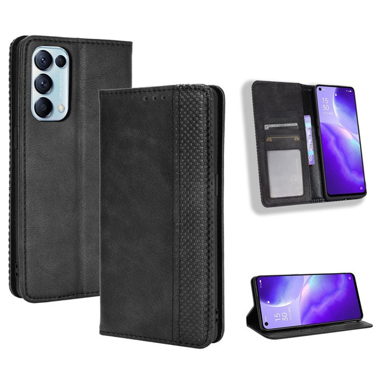 Retro Style Auto-absorbed Leather Wallet Stand Phone Shell Full Protection for Oppo Reno5 5G - Black